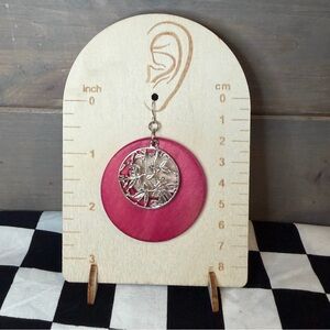 Pink Wood Disk Earring With Botanical Design